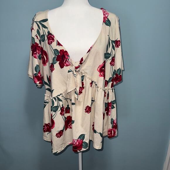 Torrid Womens 3X Top Heritage Jersey Tie-Front Babydoll Floral Casual Bohemian - Picture 1 of 10